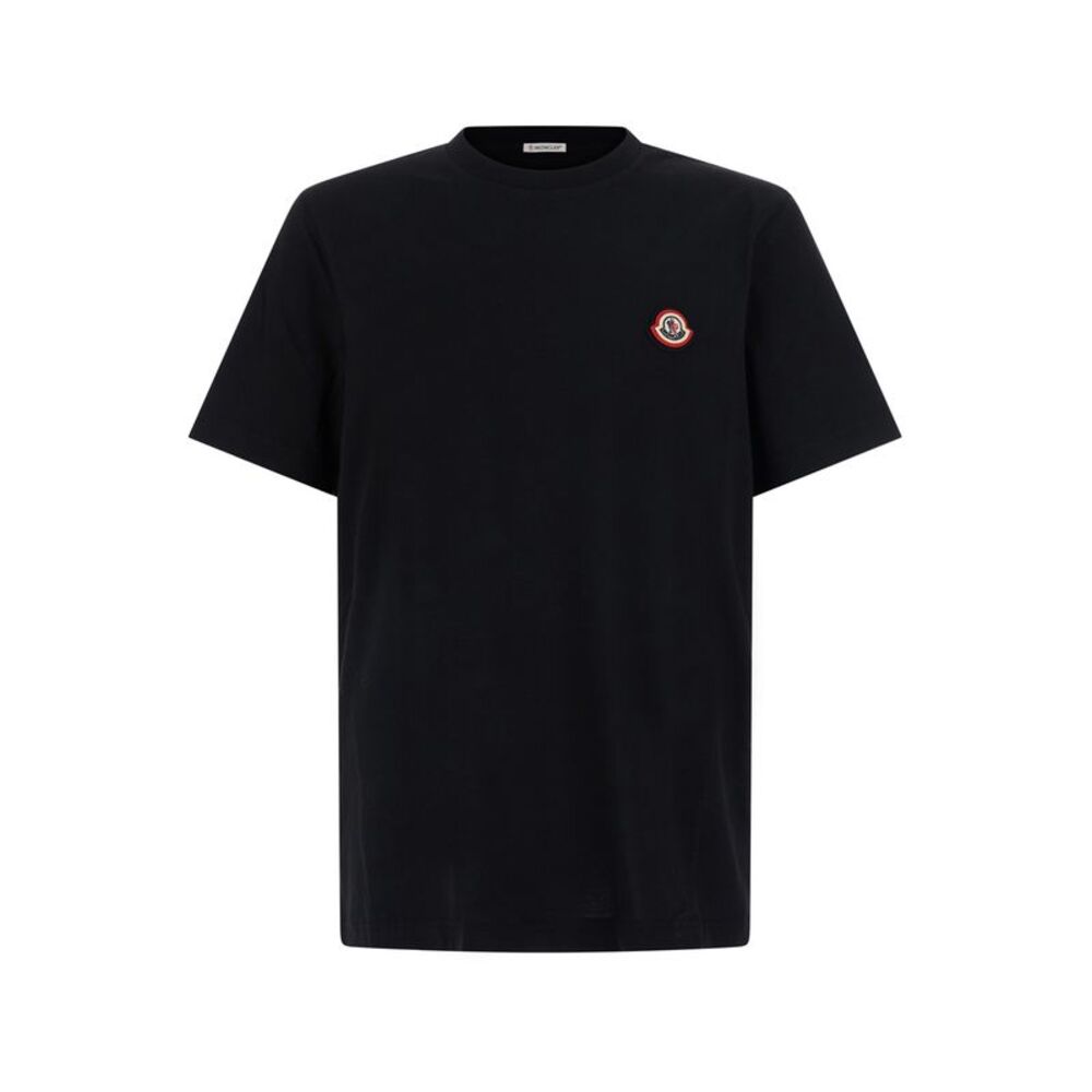 Moncler Men Black Crewneck T-Shirt With Front Logo Patch In Cotton For Men